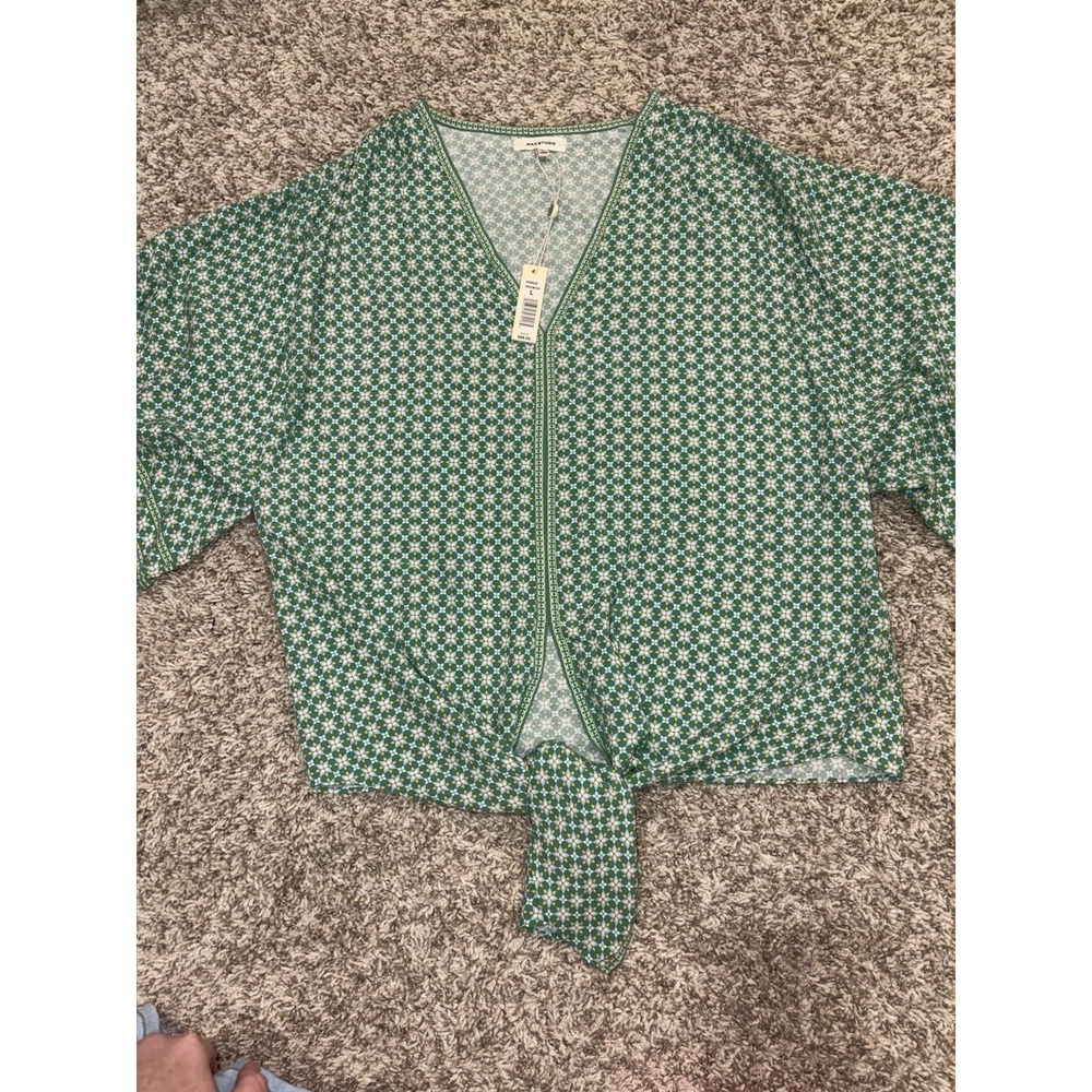 NWT Max Studio Women's V-neck Front Tie Blouse Flutter Sleeve Floral Green Large